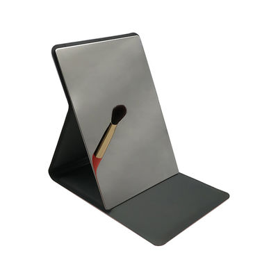Espejo de mesa LED de plata redonda con piel de PU brillante ajustable y de doble cara