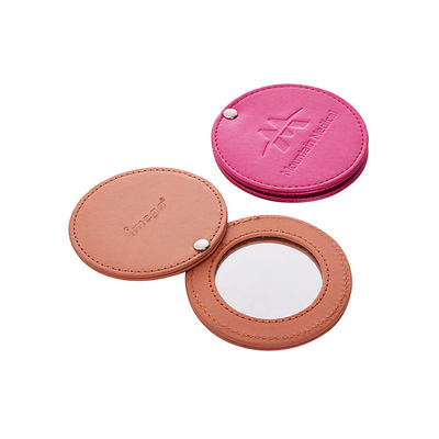 Buen precio Espejo compacto de cuero redondo de PU plegable 1X 2X de aumento con impresión de logotipo en línea