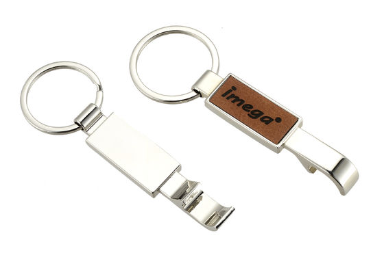 Buen precio Rectángulo de cadena dominante del abrebotellas de cuero del metal de la PU de Laserable con el llavero en línea